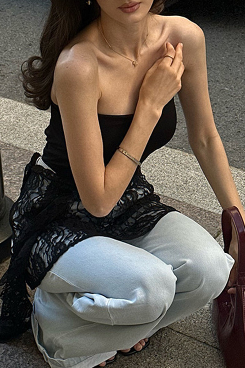 Sexy Solid Color Lace Stringy Selvedge Strapless Tops - Fashionpara