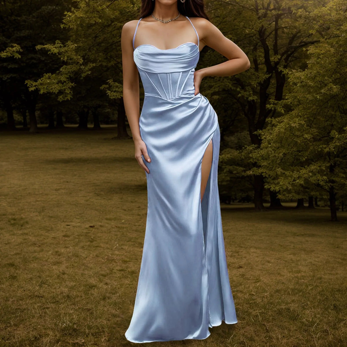 Satin Spaghetti Strap Corset High Split Mermaid Maxi Dress