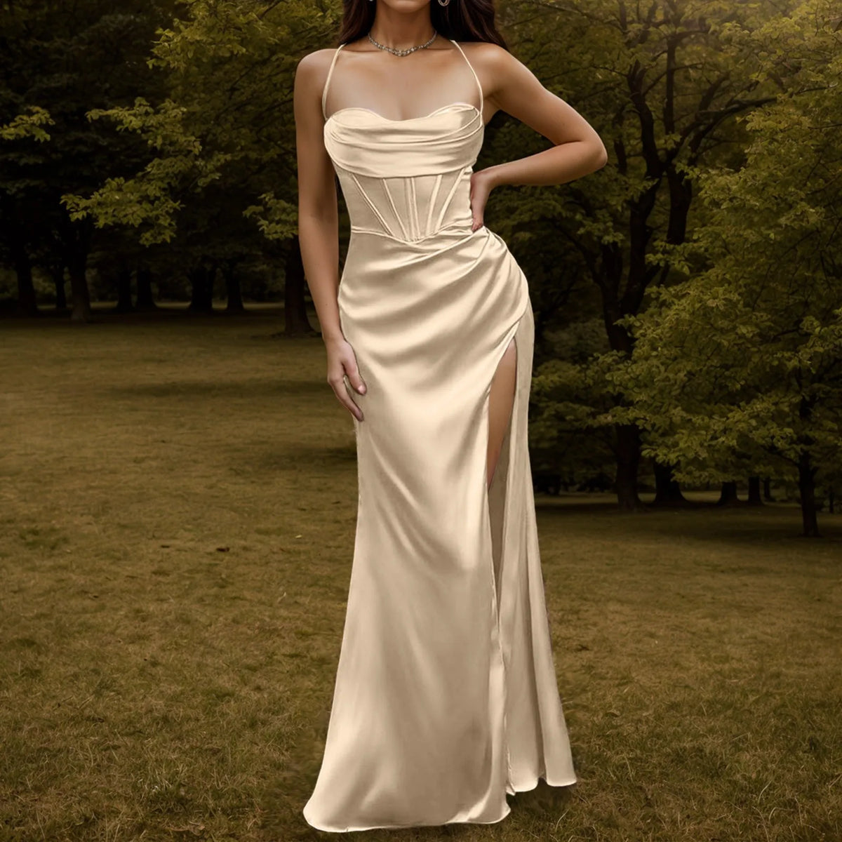 Satin Spaghetti Strap Corset High Split Mermaid Maxi Dress - View 6