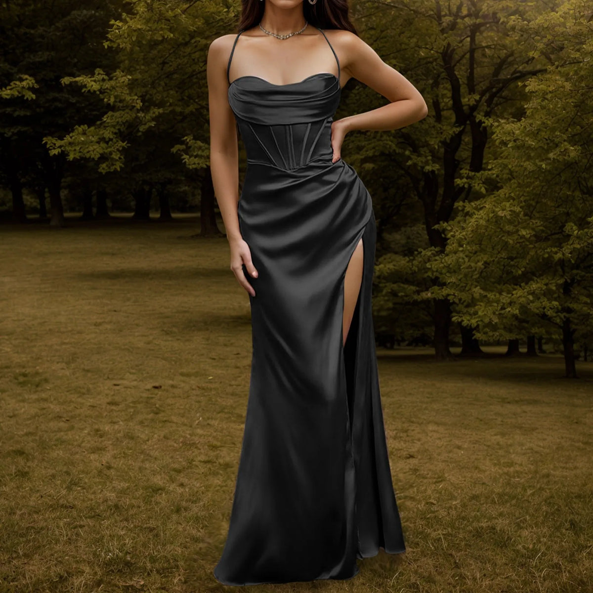 Satin Spaghetti Strap Corset High Split Mermaid Maxi Dress - View 7