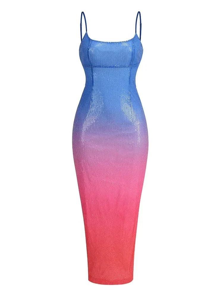 Sequin Square Neck Spaghetti Strap Bodycon Maxi Dress 7
