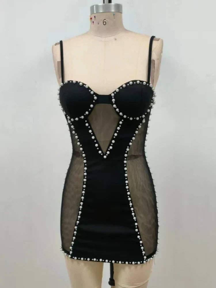 Pearl Trim Mesh Panel Corset Bodycon Mini Dress 7