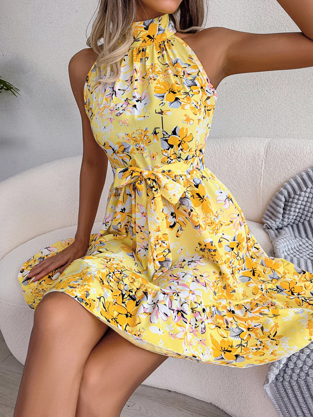 Spring Summer Floral Halter Neck Lace-up A-line Floral Dress