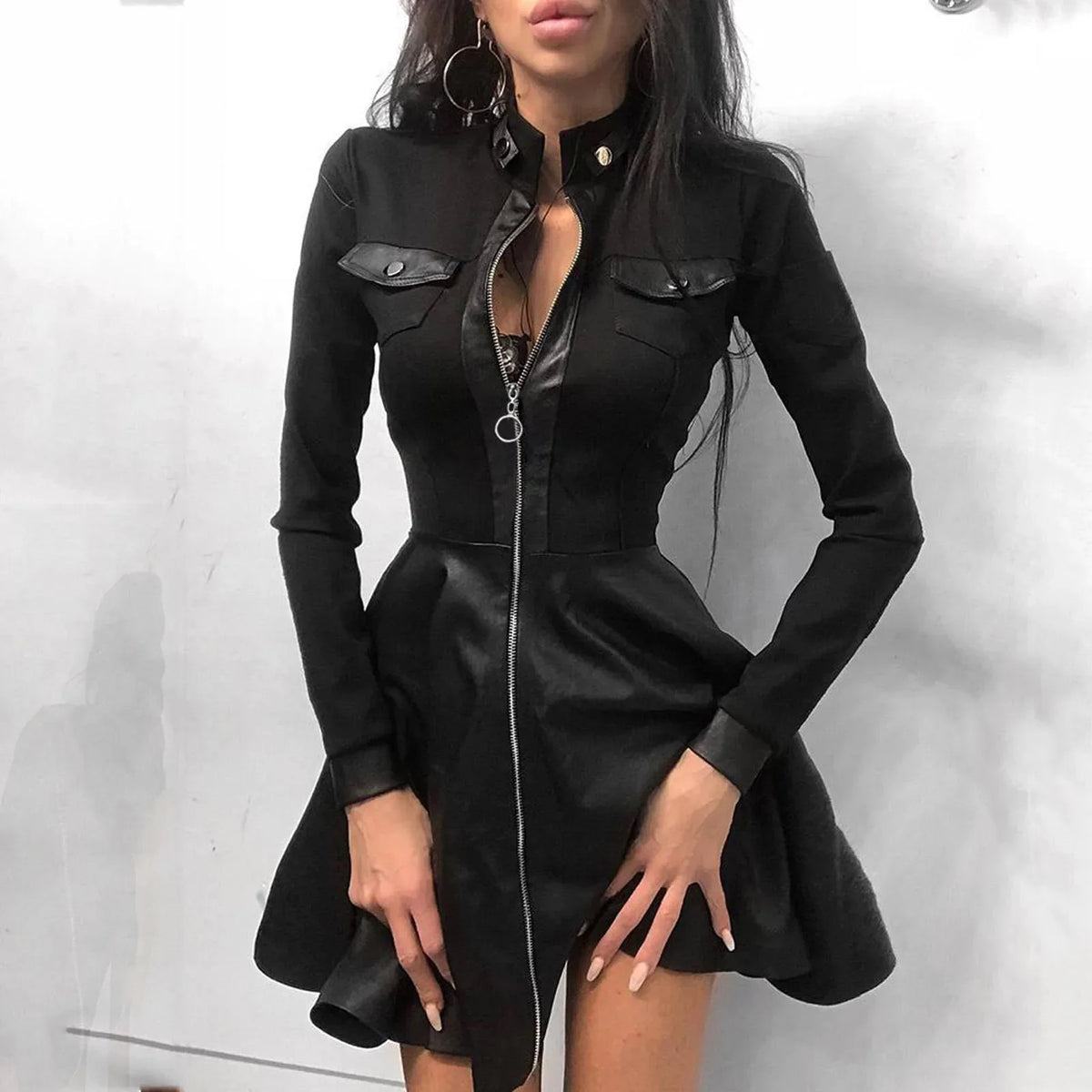 Houndstooth Stand Collar Long Sleeve Zip Mini Dress 7