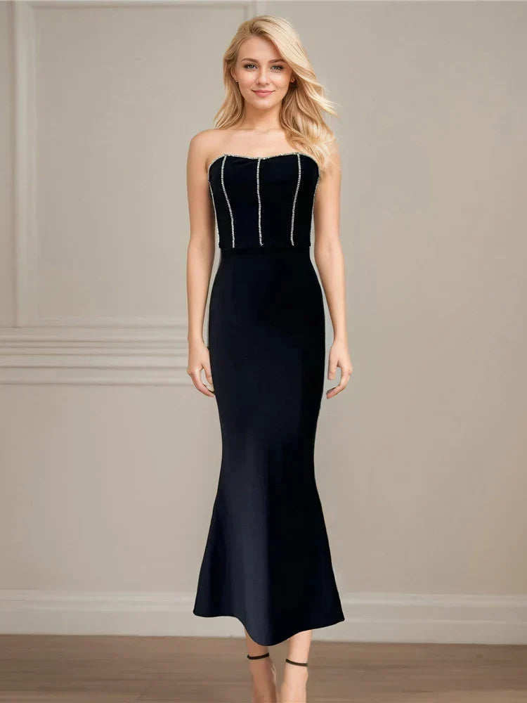 Strapless Rhinestone Trim Corset Bodice Mermaid Midi Dress
