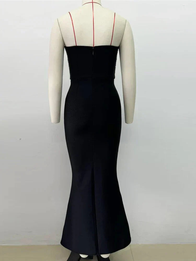 Strapless Beaded Corset Mermaid Midi Dress