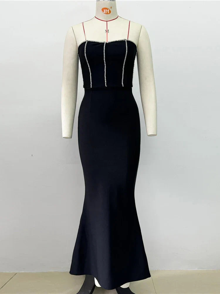 Strapless Pearl-Trim Corset Fishtail Maxi Dress 2