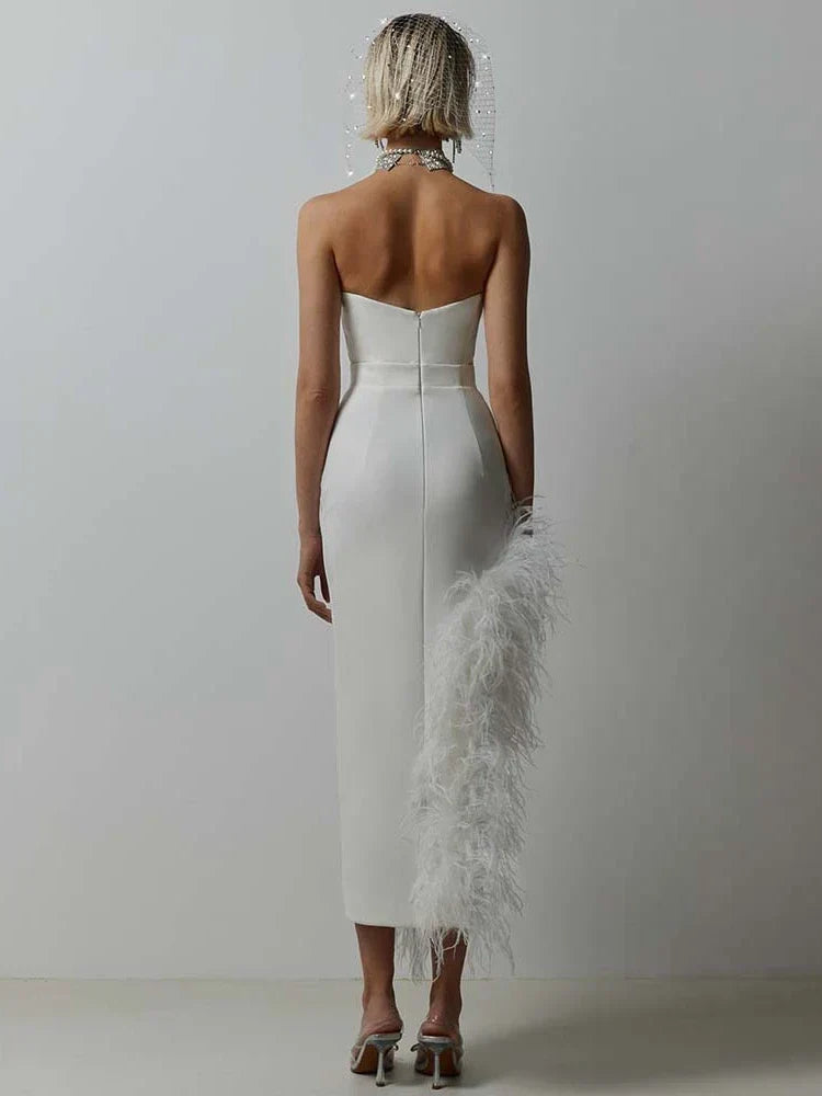Strapless Feather-Trim Asymmetric-Hem Midi Dress 2