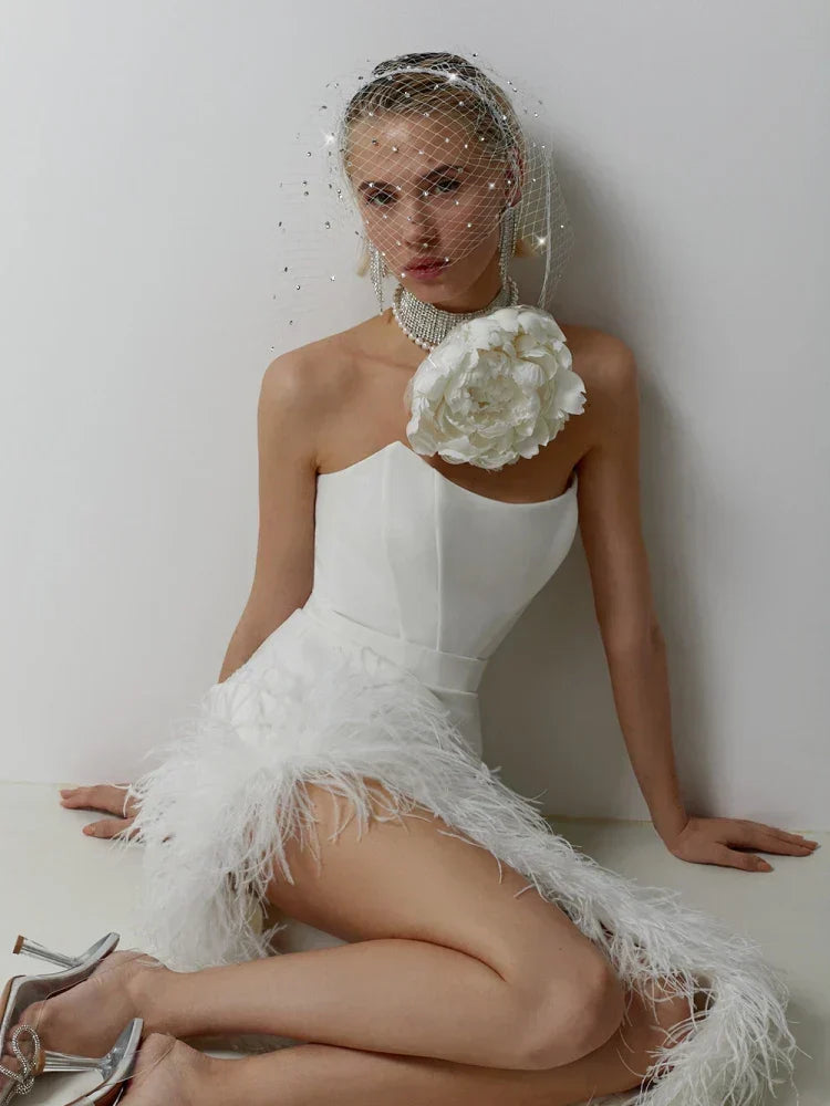 Satin Strapless Feather Trim Midi Dress