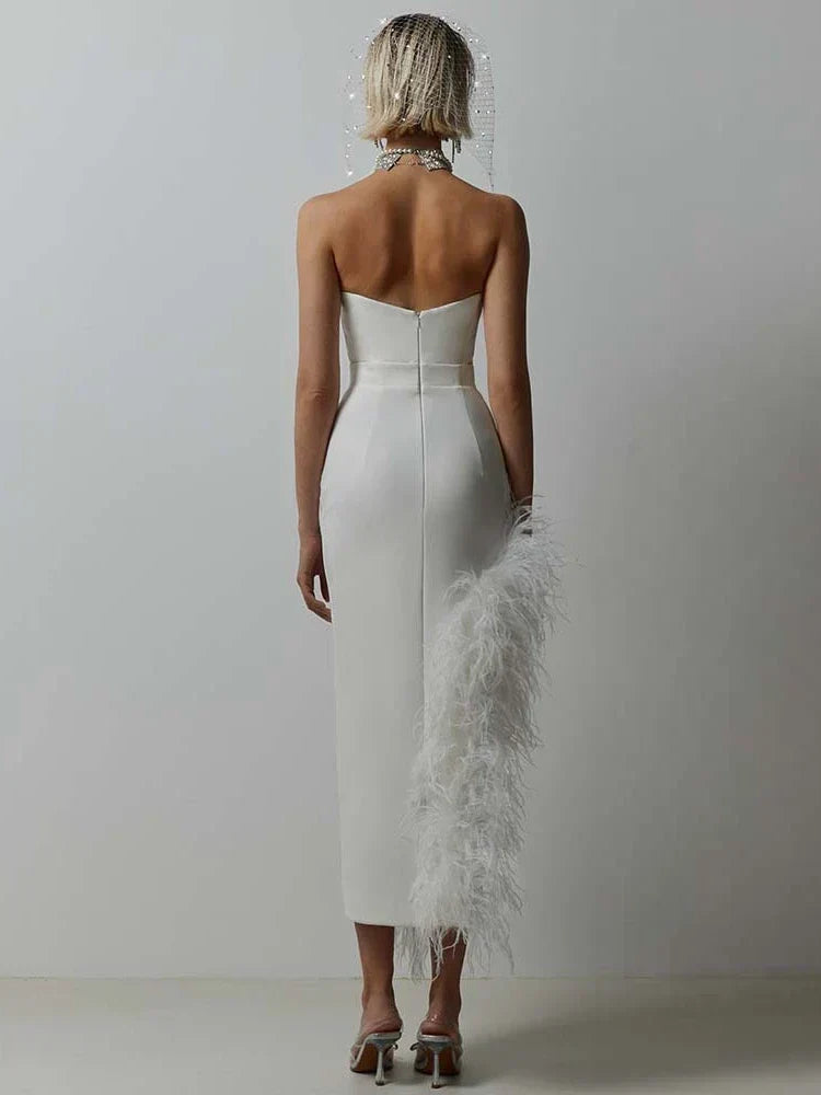 Satin Strapless Feather Trim Midi Dress