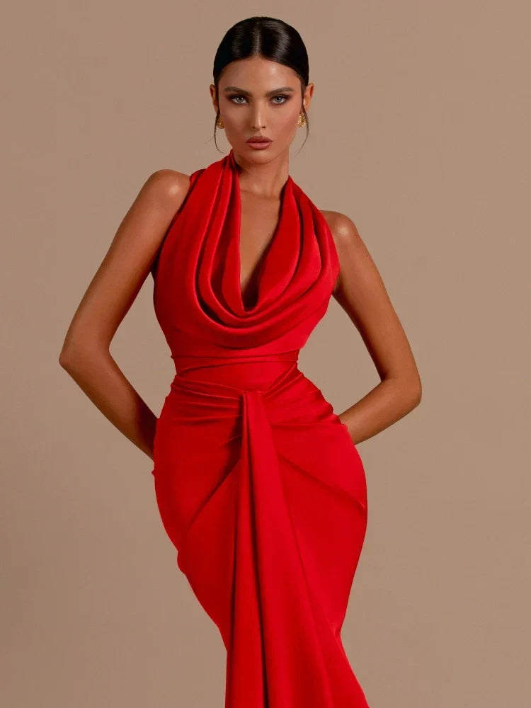 Satin Cowl-Neck Halter Draped Ruched Mermaid Gown 4