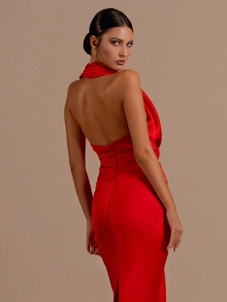 Cowl Neck Halter Draped Waist Floor-Length Gown