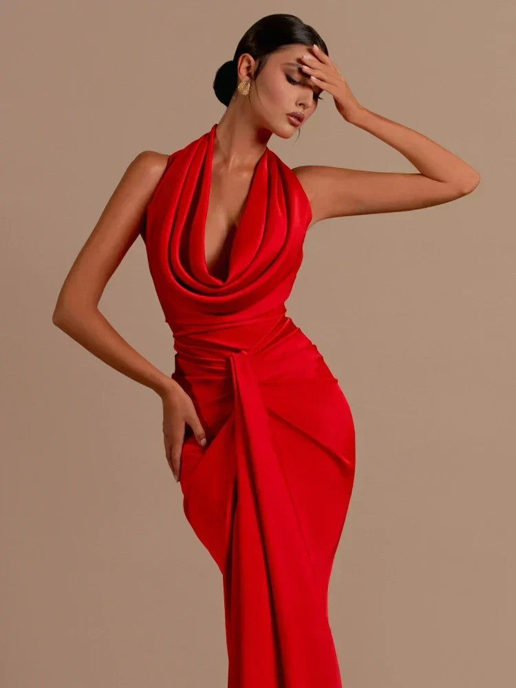 Cowl Neck Halter Draped Waist Floor-Length Gown