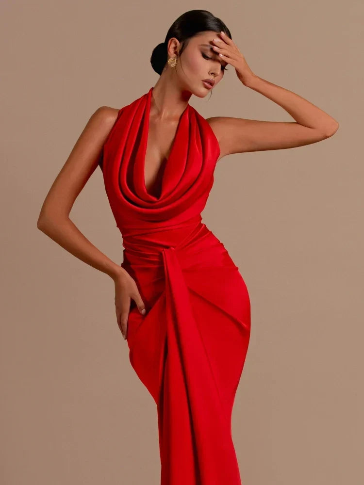 Satin Cowl-Neck Halter Draped Ruched Mermaid Gown 2