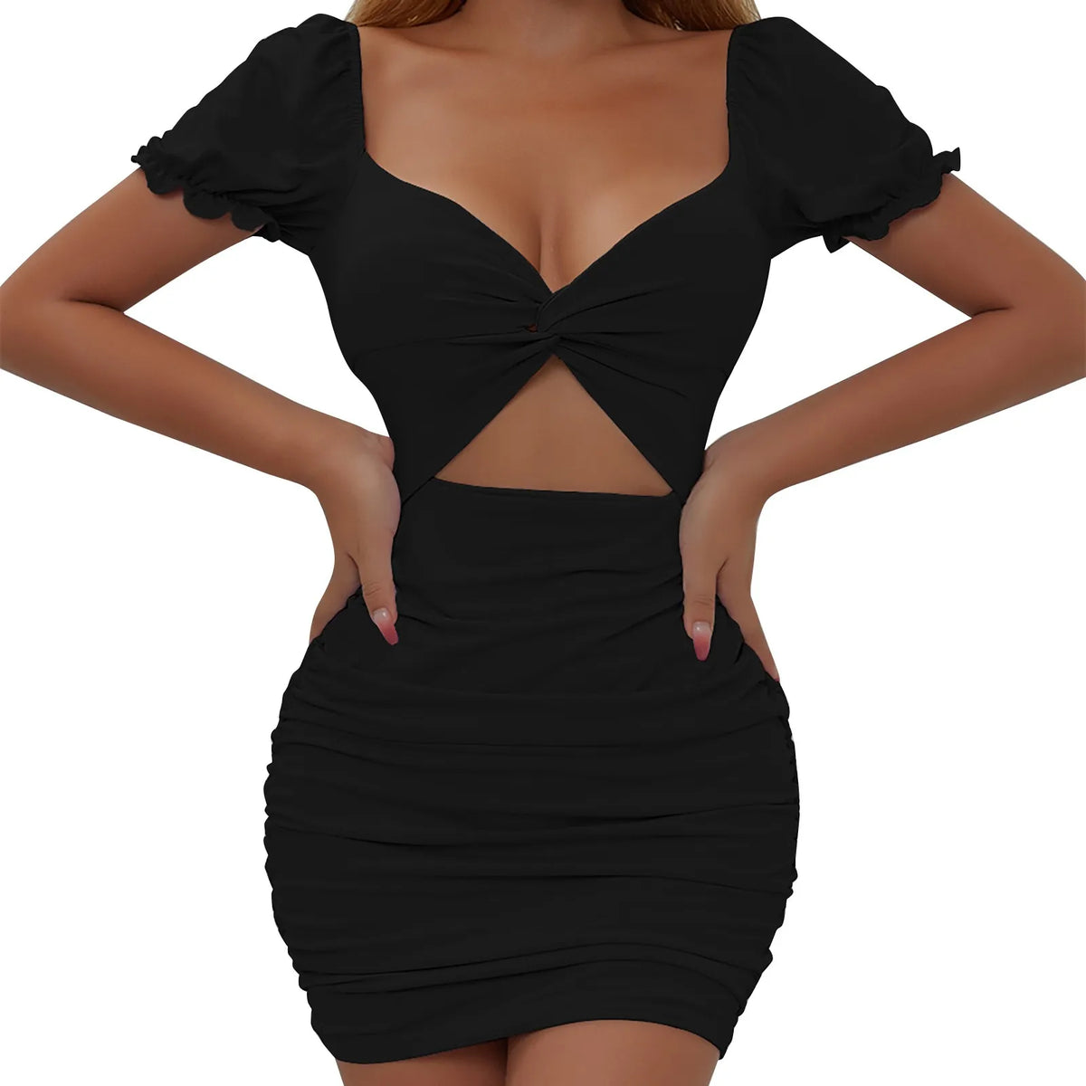 Ruched Sweetheart Puff Sleeve Twist-Front Cutout Bodycon Mini Dress 7