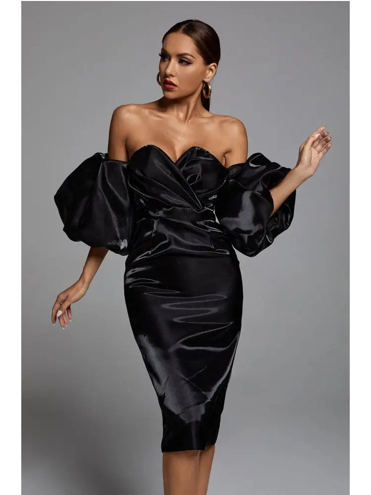 Off-Shoulder Deep V-Neck Satin Midi Dress