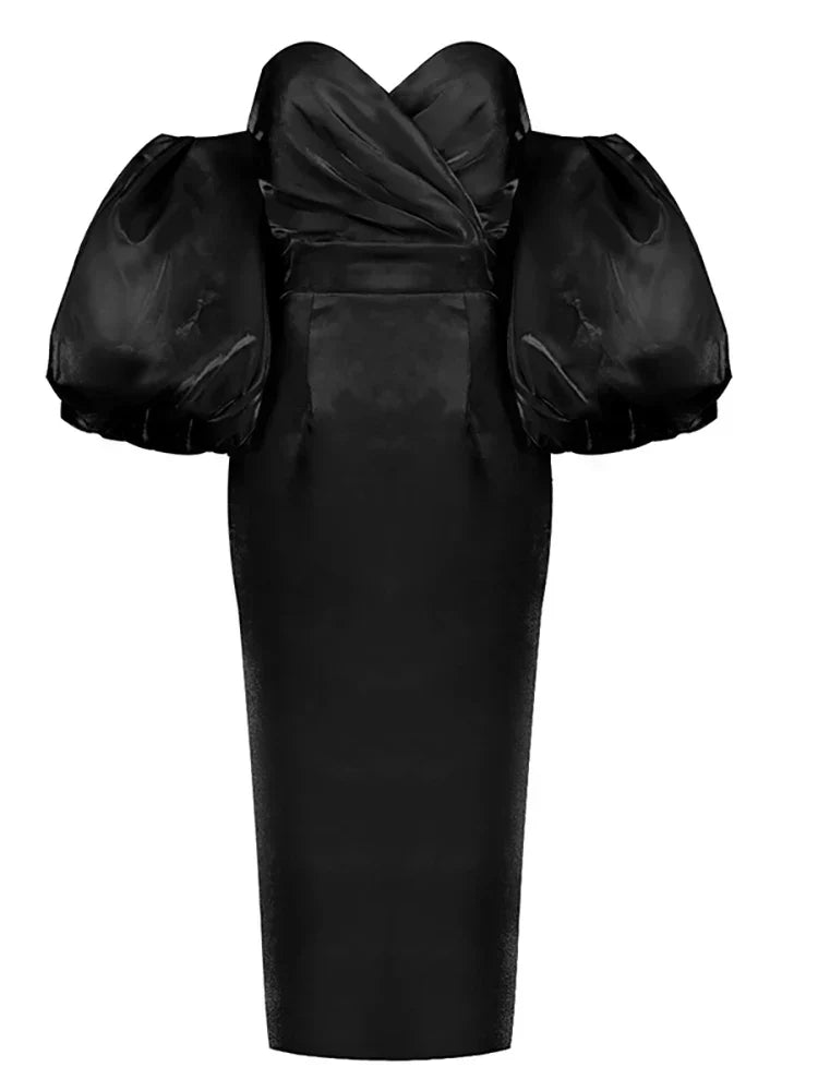 Satin Strapless Off Shoulder Puff Sleeve Bodycon Midi Dress 8