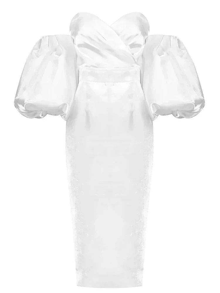 Satin Strapless Off Shoulder Puff Sleeve Bodycon Midi Dress 9