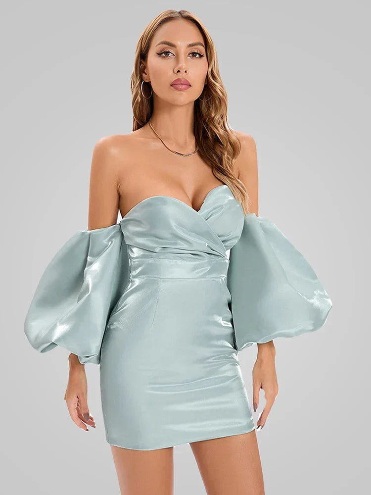 Satin Strapless Off Shoulder Puff Sleeve Bodycon Midi Dress 6