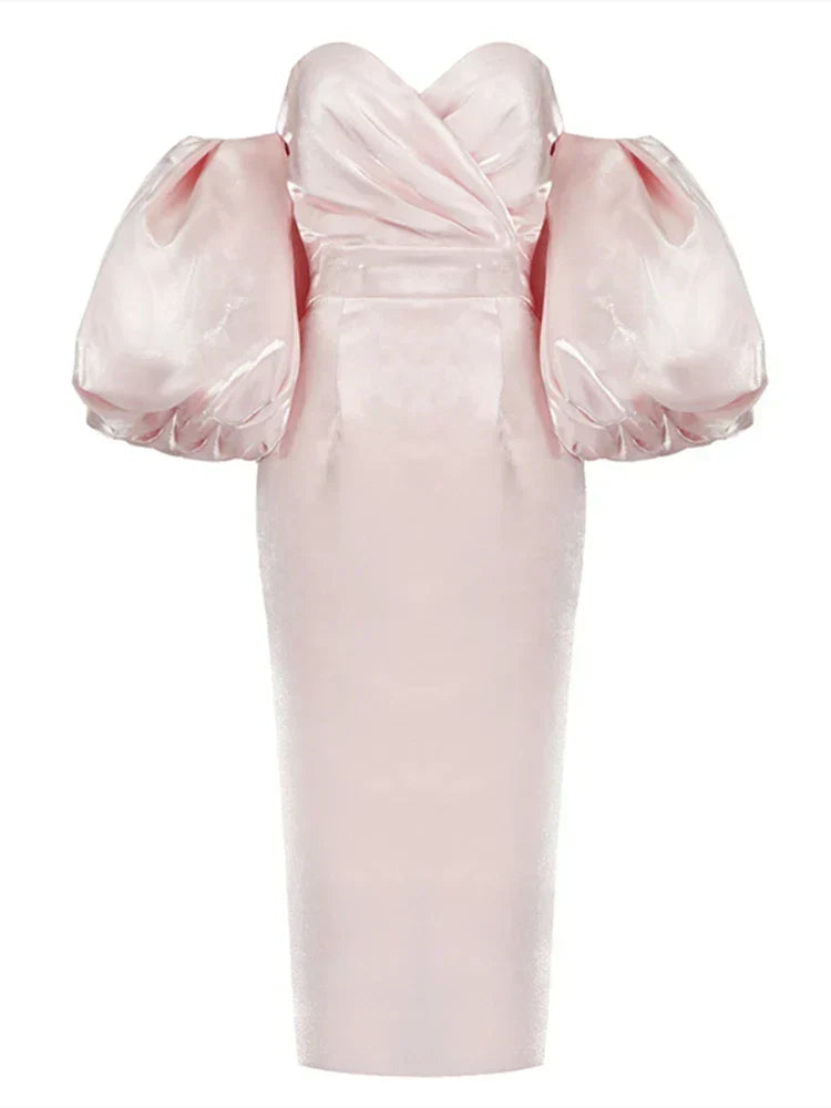 Satin Strapless Off Shoulder Puff Sleeve Bodycon Midi Dress 7
