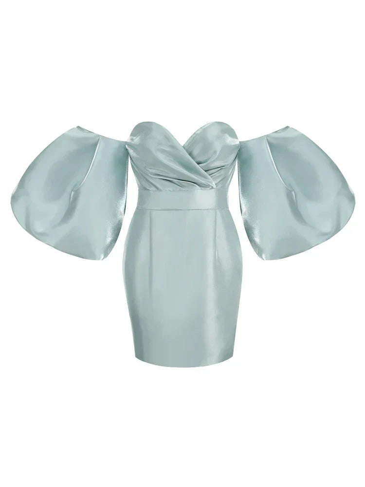 Satin Strapless Off Shoulder Puff Sleeve Bodycon Midi Dress 10