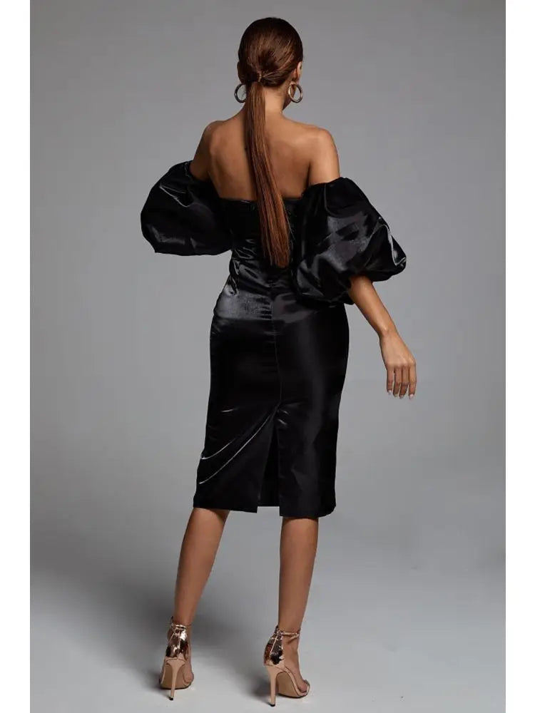 Satin Strapless Off Shoulder Puff Sleeve Bodycon Midi Dress 2