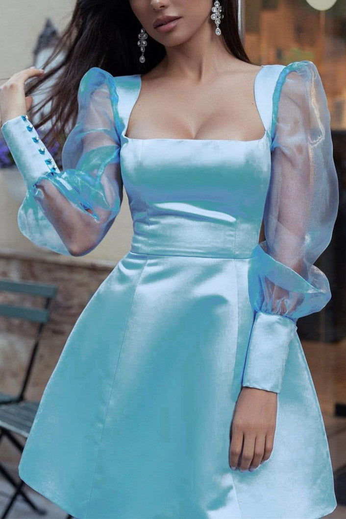 Square Neck Sheer Puff Sleeve A-Line Mini Dress