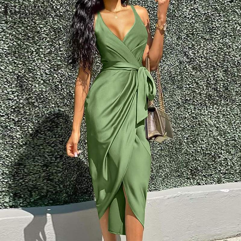 V-Neck Slip High Waist Satin Midi Dresses 6