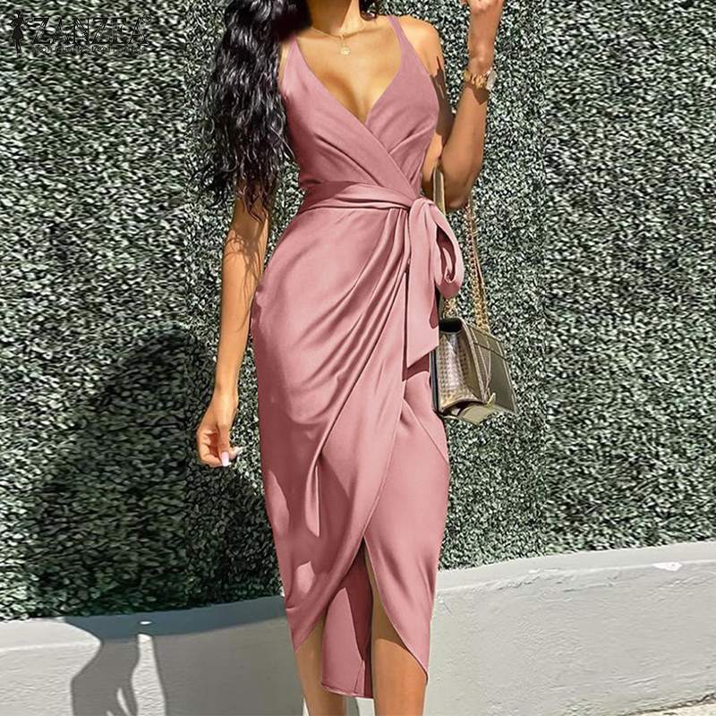 V-Neck Slip High Waist Satin Midi Dresses 3
