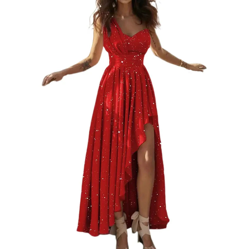 Glitter V-Neck Pleated High Low Maxi Dress 4