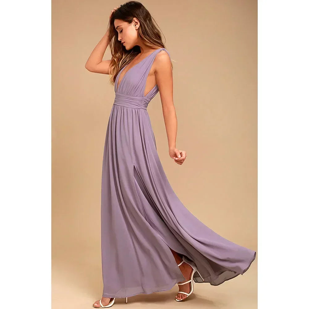 Chiffon Deep V-Neck Pleated High Split Maxi Gown 3
