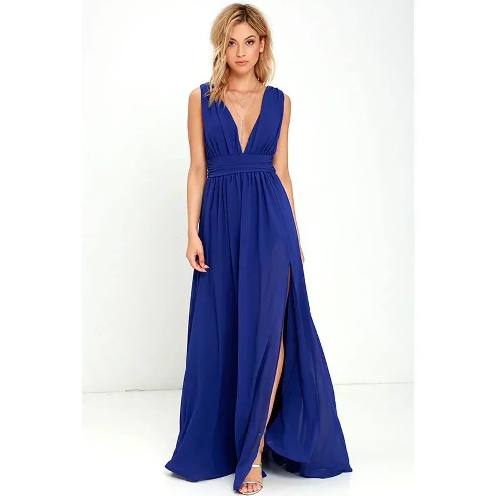 Chiffon Deep V-Neck Pleated High Split Maxi Gown 7