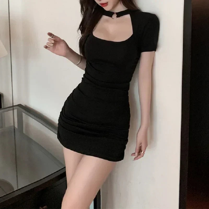 Square Neck Short Sleeve Cutout Ruched Bodycon Mini Dress