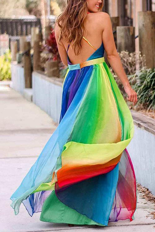 Sexy Backless Colorful A-Line Evening Dress