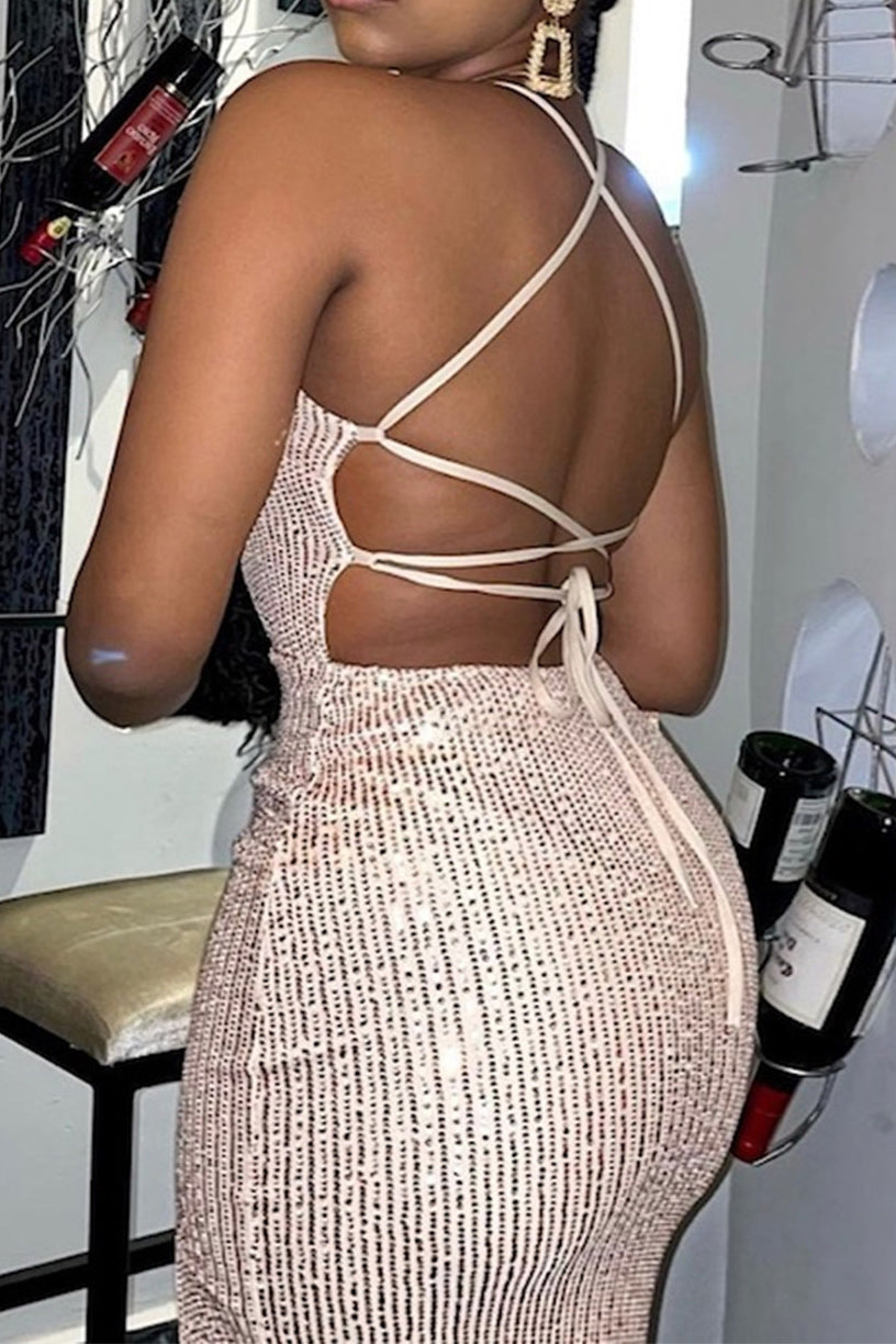 Sequin Halter V-Neck High-Slit Bodycon Maxi Dress