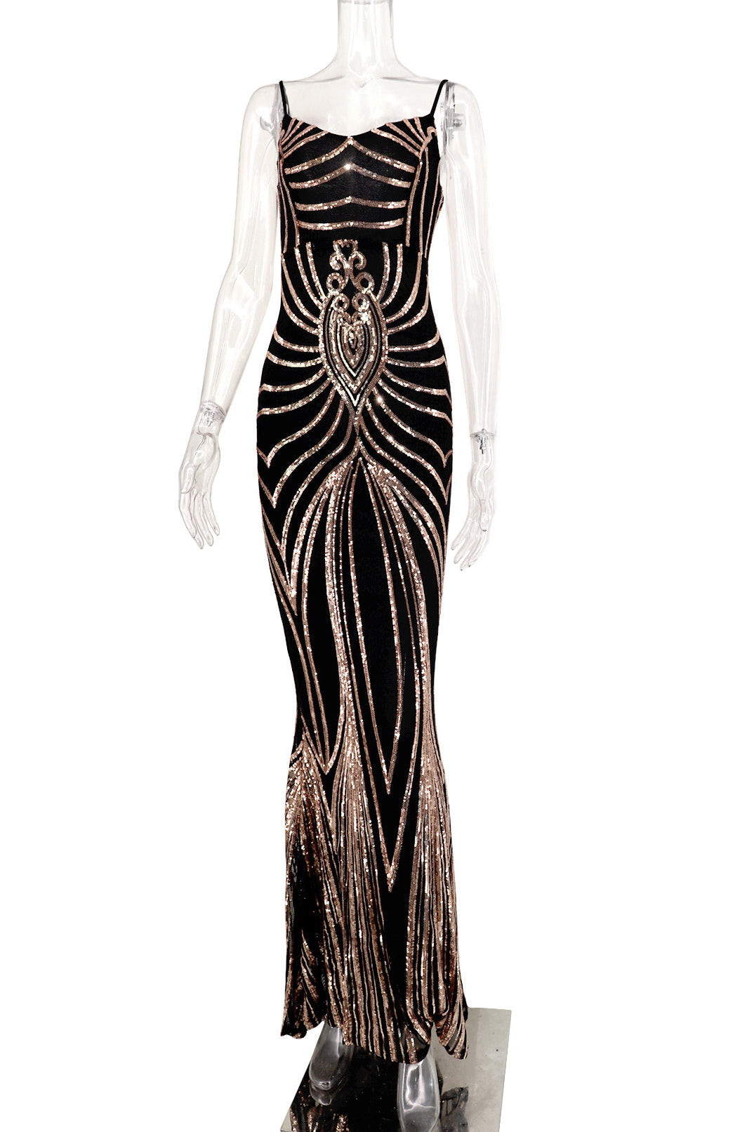 Sequin Art-Deco Spaghetti Strap Mermaid Gown 5
