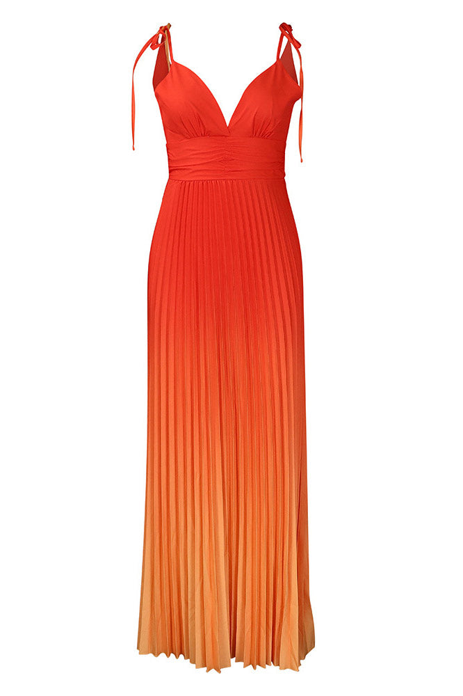 Ombre Pleated Plunge V-Neck Spaghetti Strap Maxi Dress 3