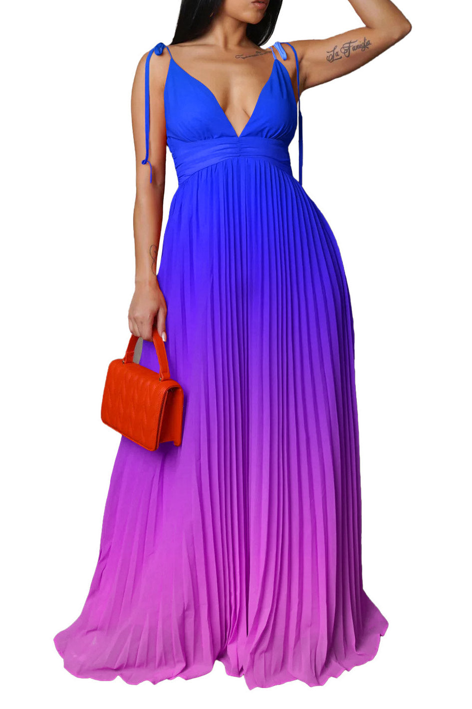 Ombre Pleated Plunge V-Neck Spaghetti Strap Maxi Dress