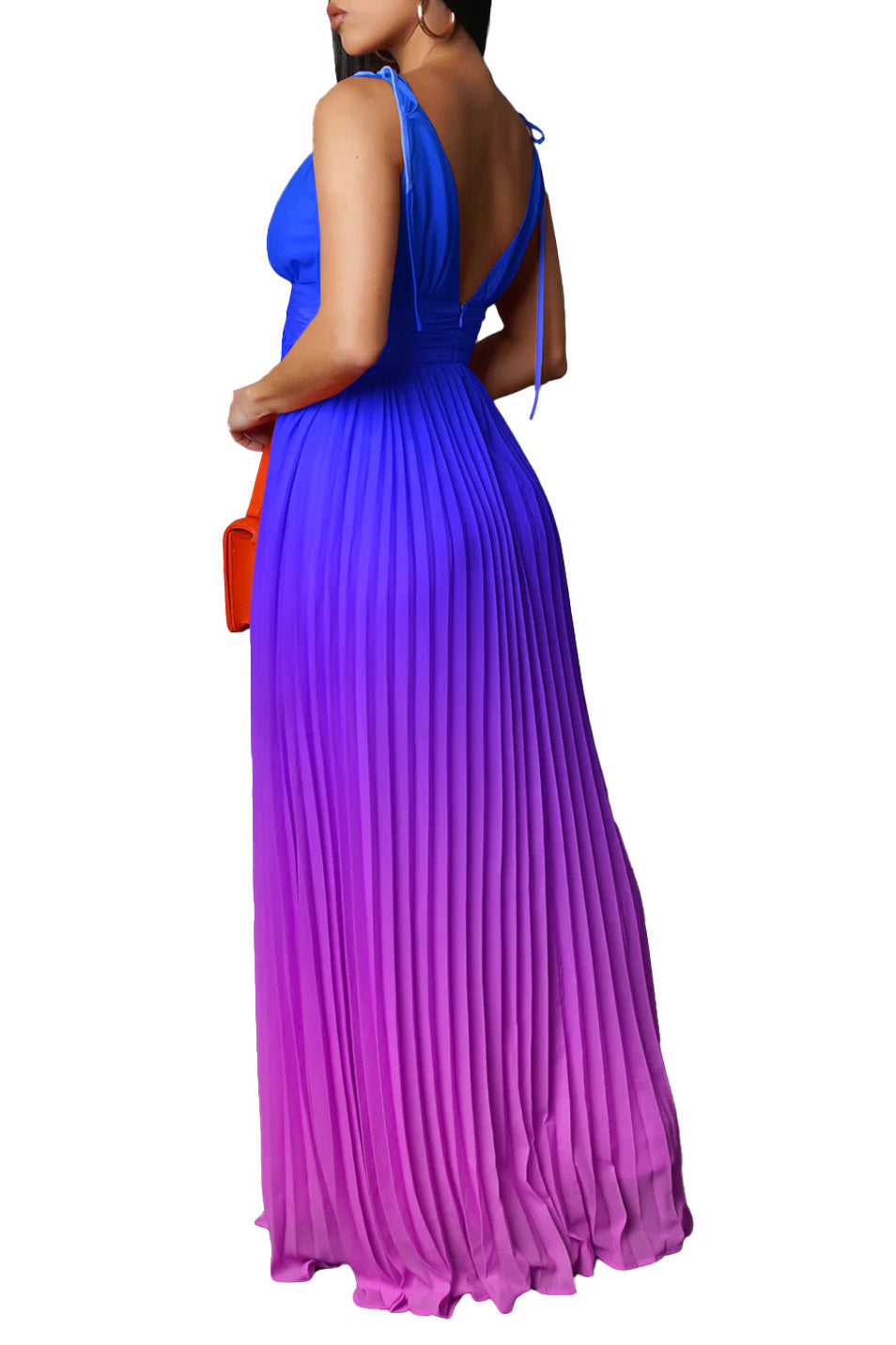 Ombre Pleated Plunge V-Neck Spaghetti Strap Maxi Dress 4