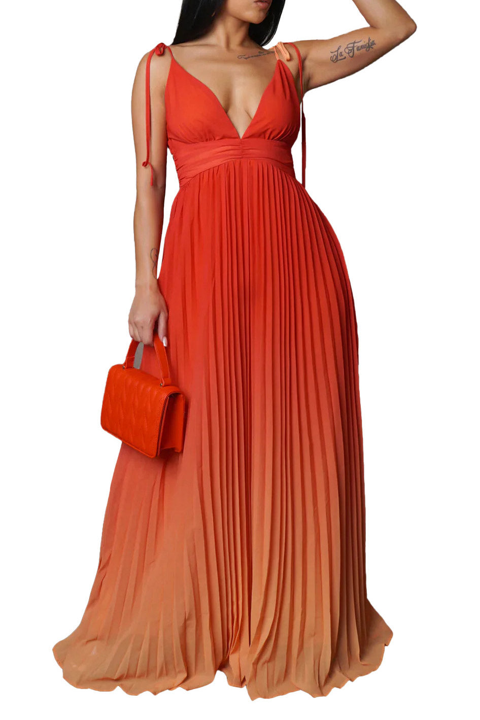 Ombre Pleated Plunge V-Neck Spaghetti Strap Maxi Dress 2