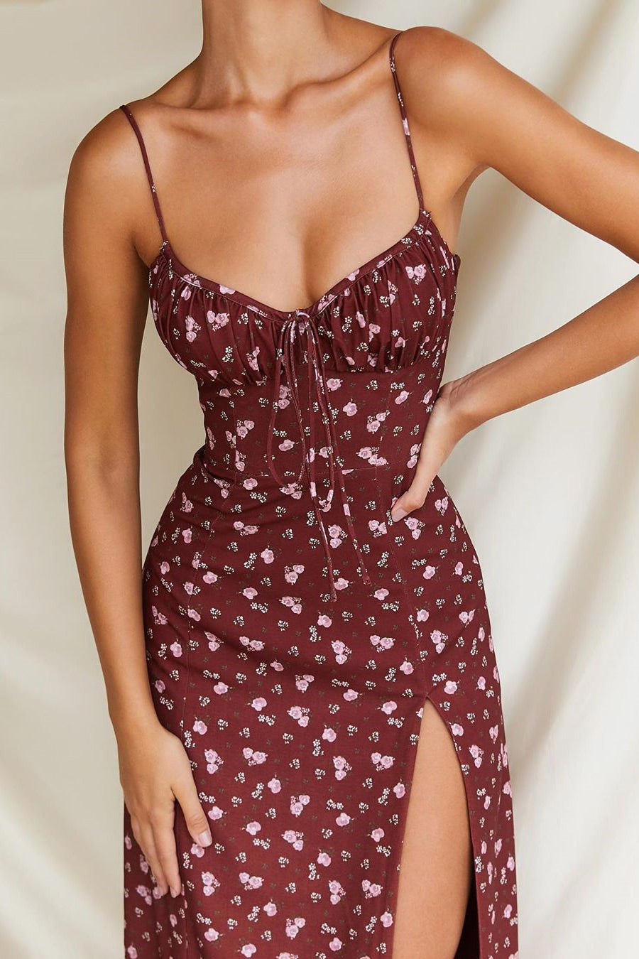 Sexy Burgundy Print High Slit Party Dress Fashionpara