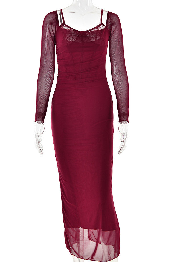 Lace-Trim Sweetheart Long Sleeve Ruched Mesh Bodycon Dress 2