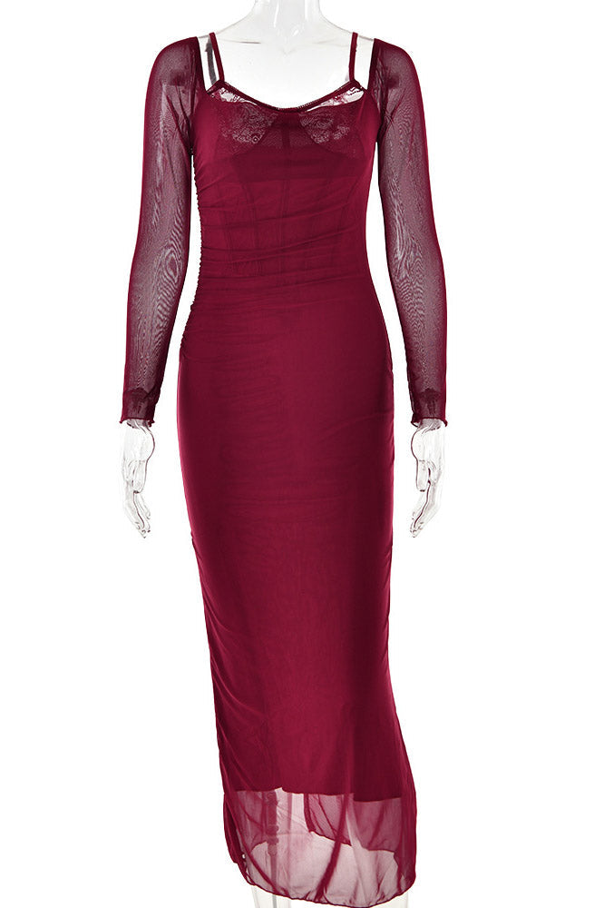 Sexy Burgundy Long Sleeve Dress