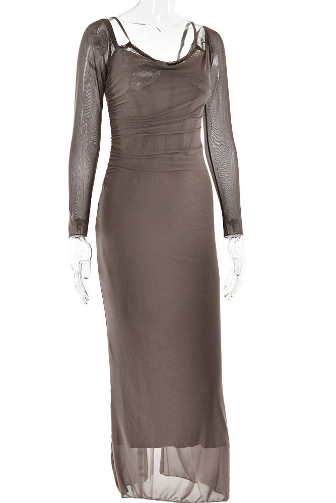 Lace-Trim Sweetheart Long Sleeve Ruched Mesh Bodycon Dress 5