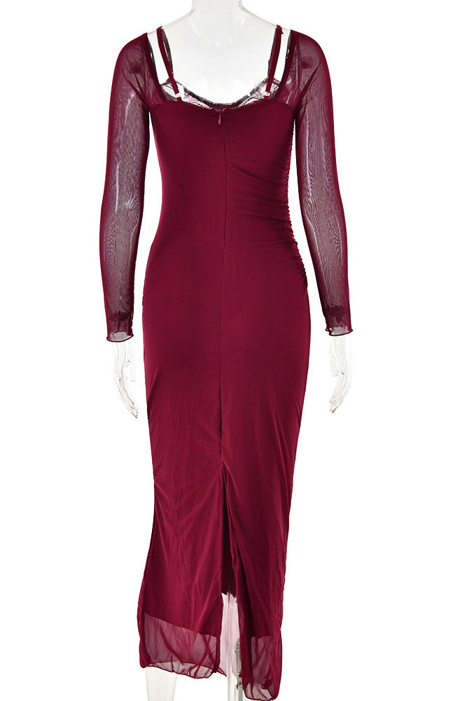 Lace-Trim Sweetheart Long Sleeve Ruched Mesh Bodycon Dress 6