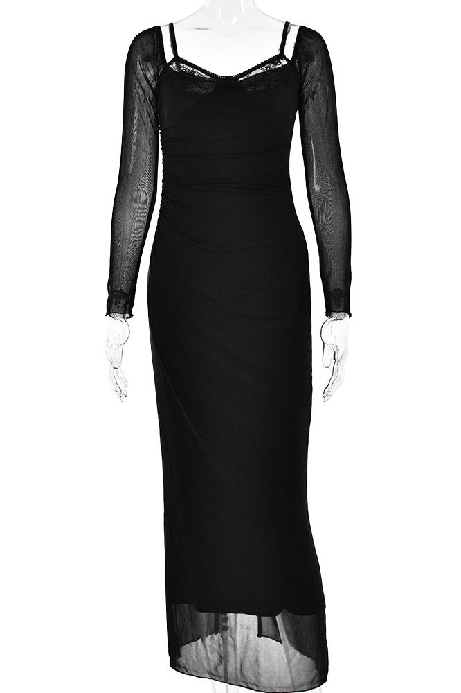Lace-Trim Sweetheart Long Sleeve Ruched Mesh Bodycon Dress 7