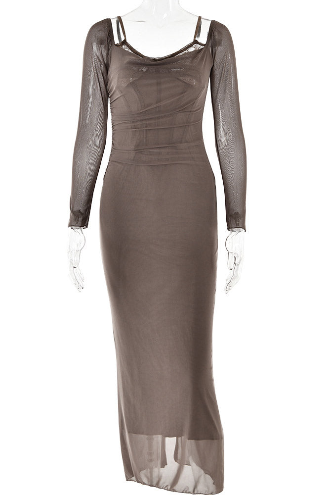 Lace-Trim Sweetheart Long Sleeve Ruched Mesh Bodycon Dress 8