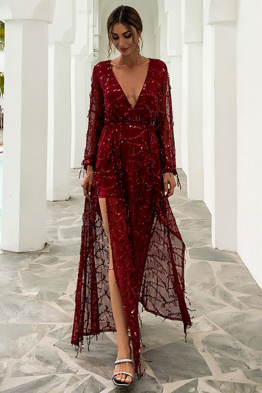 Sequin Plunge V-Neck Long Sleeve High-Slit Maxi Dress