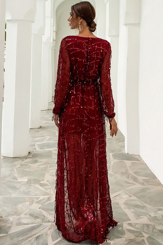 Sequin Plunge V-Neck Long Sleeve High-Slit Maxi Dress 5