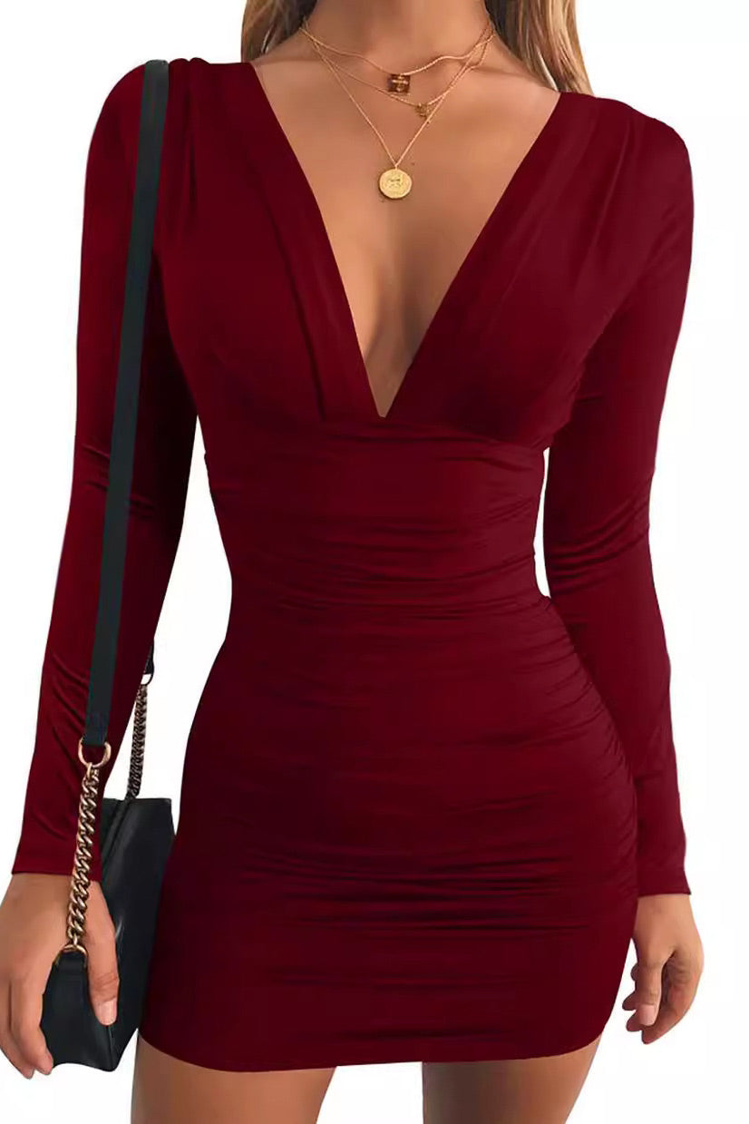 Deep V-Neck Long Sleeve Ruched Bodycon Mini Dress